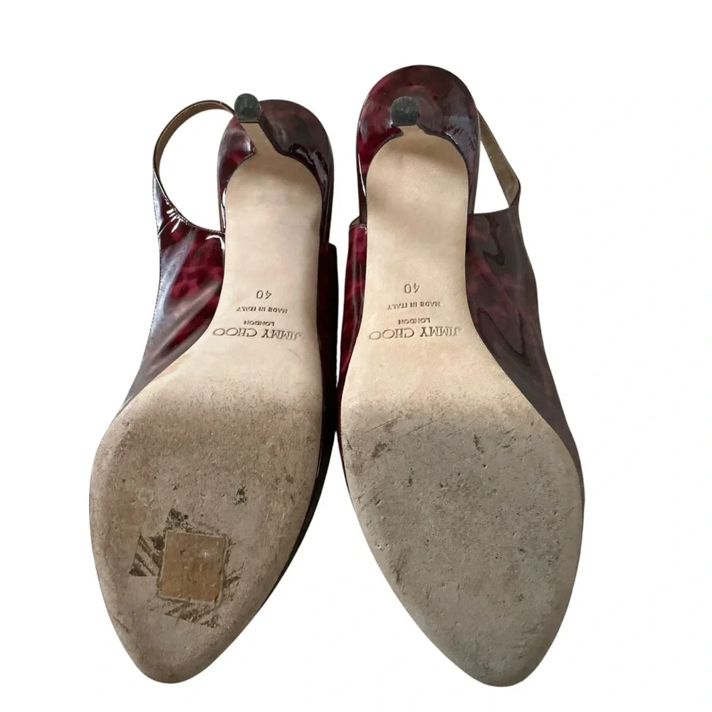 Jimmy Choo patent peep toe slingback platform heel shoes plum tortoiseshell 40